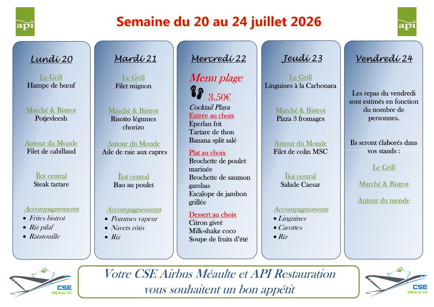 Menu du 20 au 24 juillet