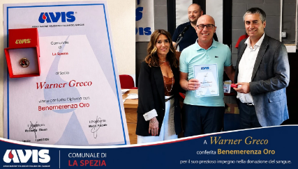 Cinquanta donazioni di sangue: l'AVIS premia il Segretario Generale del SIM Marina, Warner Greco