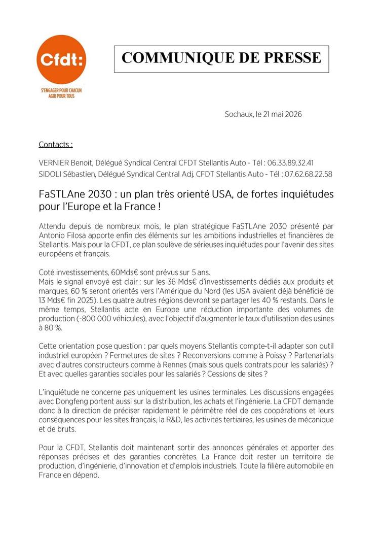 Communiqué de presse concernant le plan stratégique annoncé aujourd'hui 
