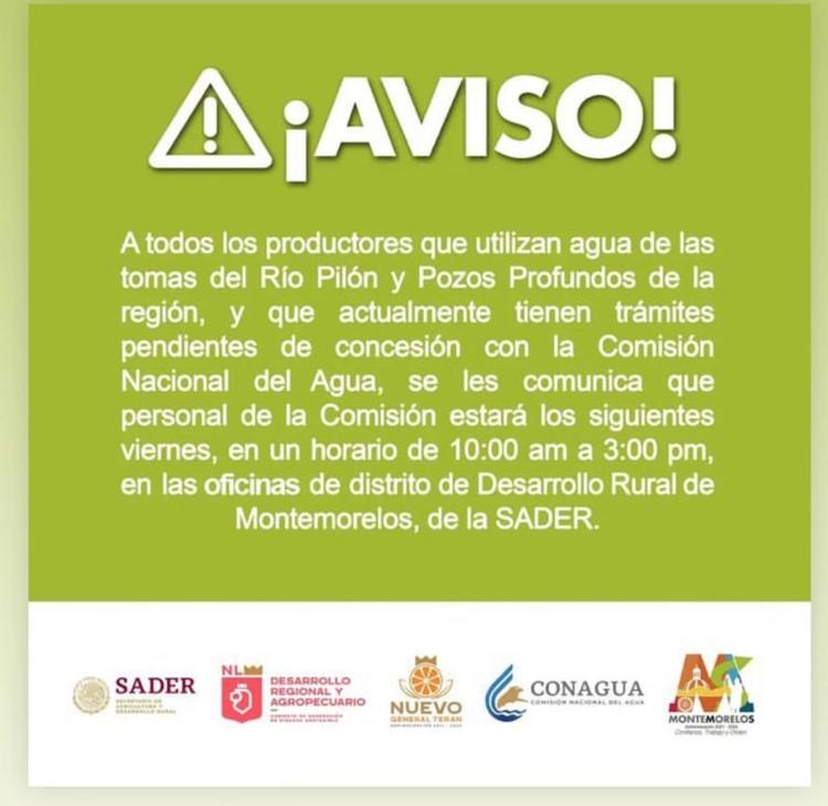 ¡AVISO! para los productores que utilizan agua del río Pilón y pozos profundos de la región