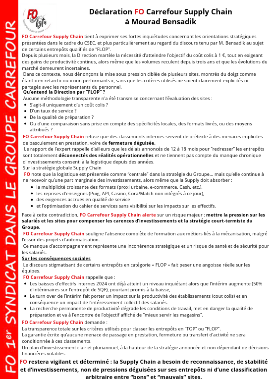 Déclaration FO à Mourad Bensadik sur les orientations stratégique de la Supply