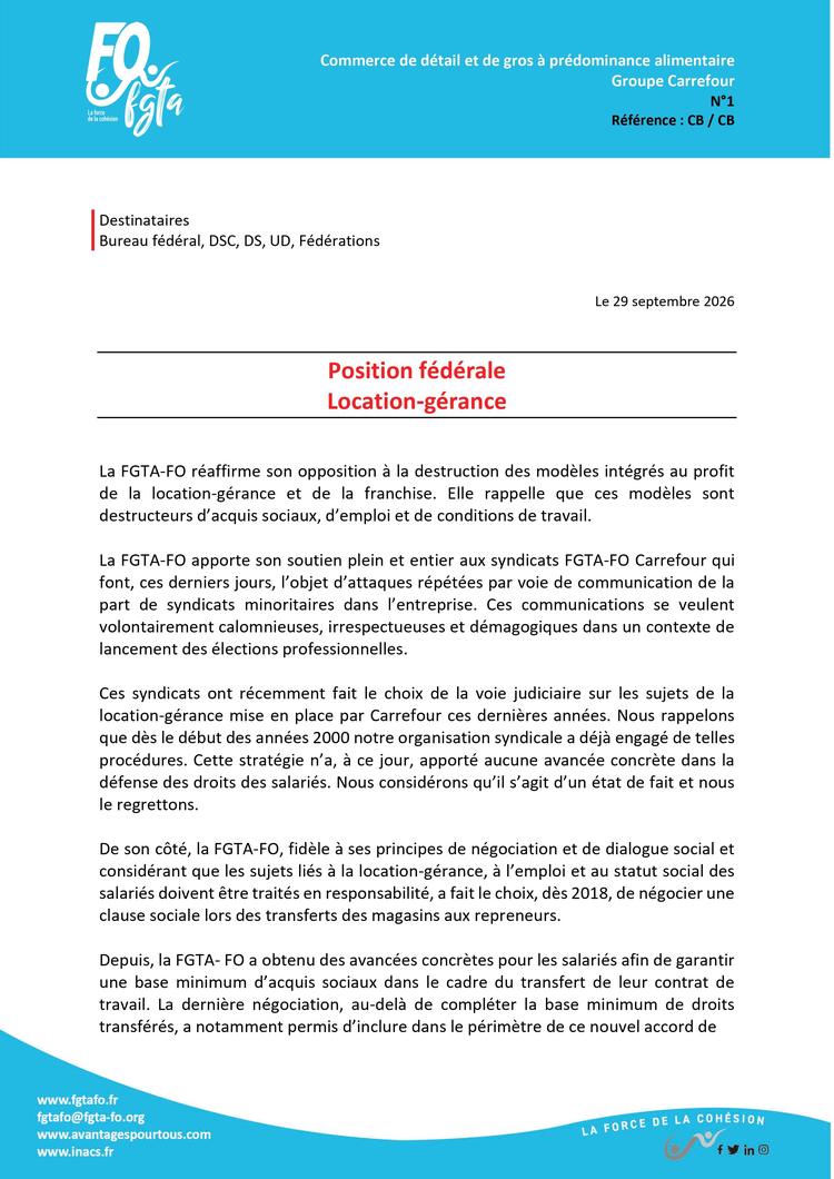 Position fédérale Location-gérance