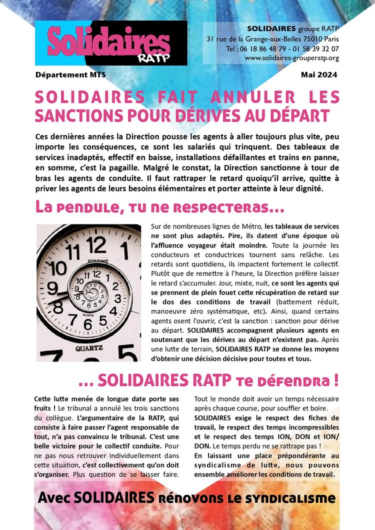 Solidaires RATP fait annuler les sanctions pour dérives au départ
