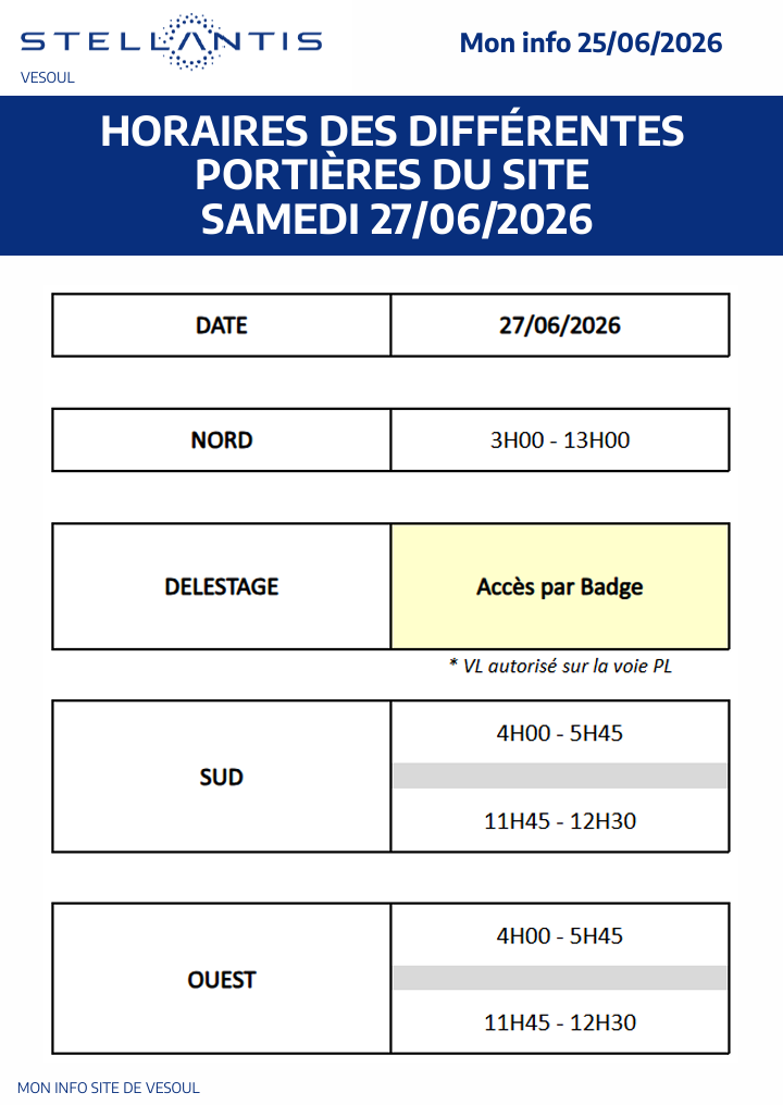 Horaires portières du site Samedi 27 juin