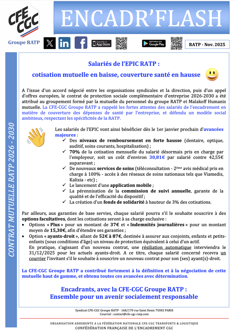Salariés de l’EPIC RATP : cotisation mutuelle en baisse, couverture santé en hausse