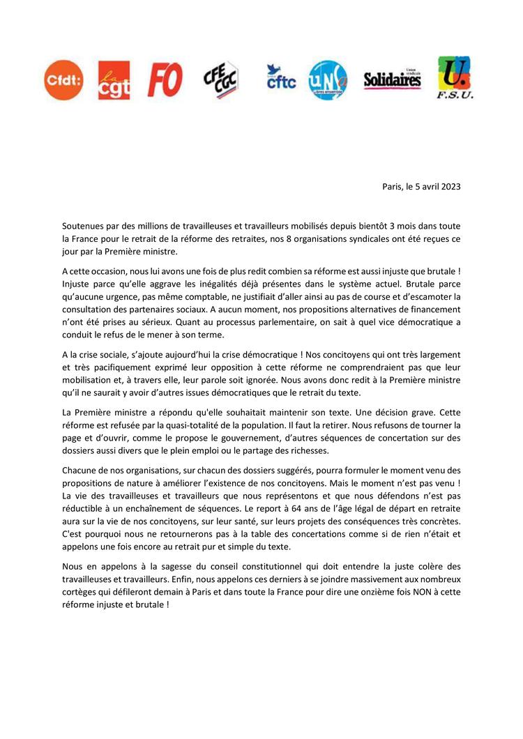 Communiqué intersyndicale à Matignon - 5 avril 2023