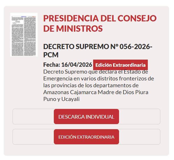 Estado de Emergencia en Amazonas, Cajamarca, Madre de Dios, Piura, Puno y Ucayali