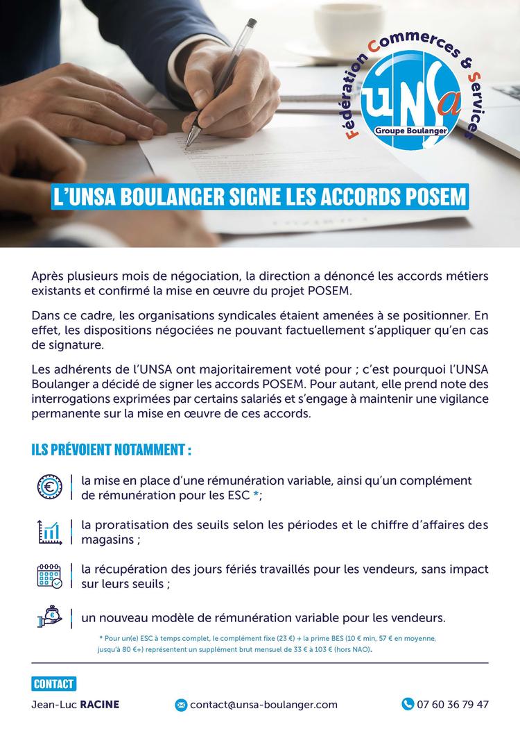 L’UNSA BOULANGER SIGNE LES ACCORDS POSEM