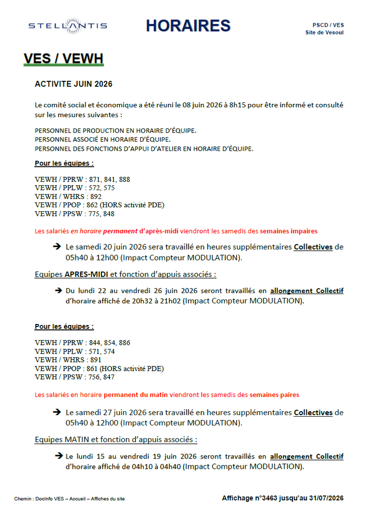 Horaires affichés Juin