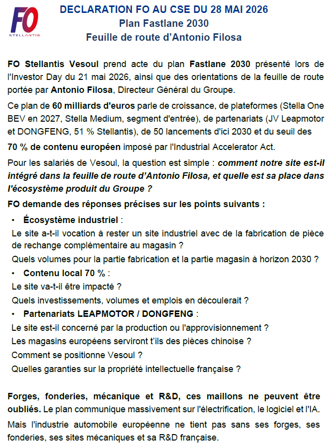 Délaration FO au CSE de mai
