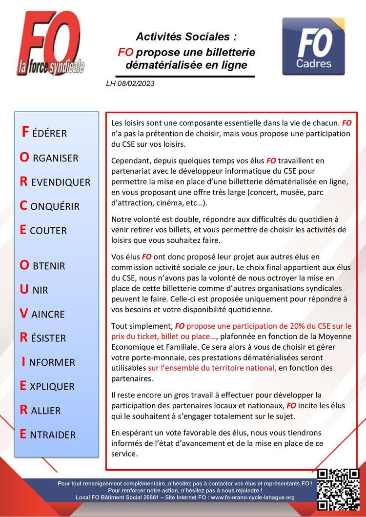 ACTIVITES SOCIALES : FO propose la billetterie en ligne