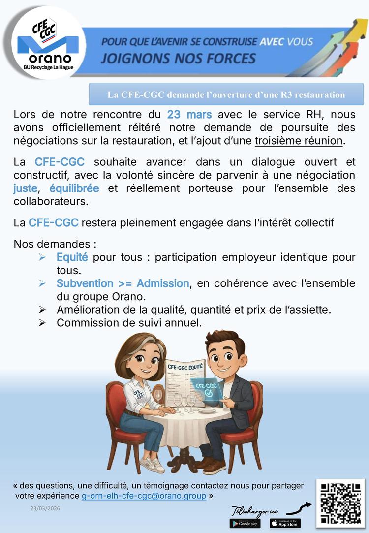 LA HAGUE : CFE-CGC demande l'ouverture d'une R3 restauration