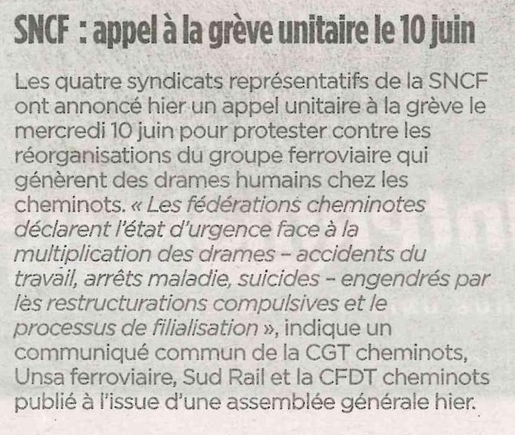 SNCF: appel à la grève unitaire le 10 juin