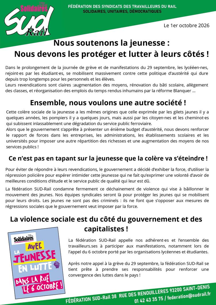 SUD-Rail // Nous soutenons la jeunesse en lutte !