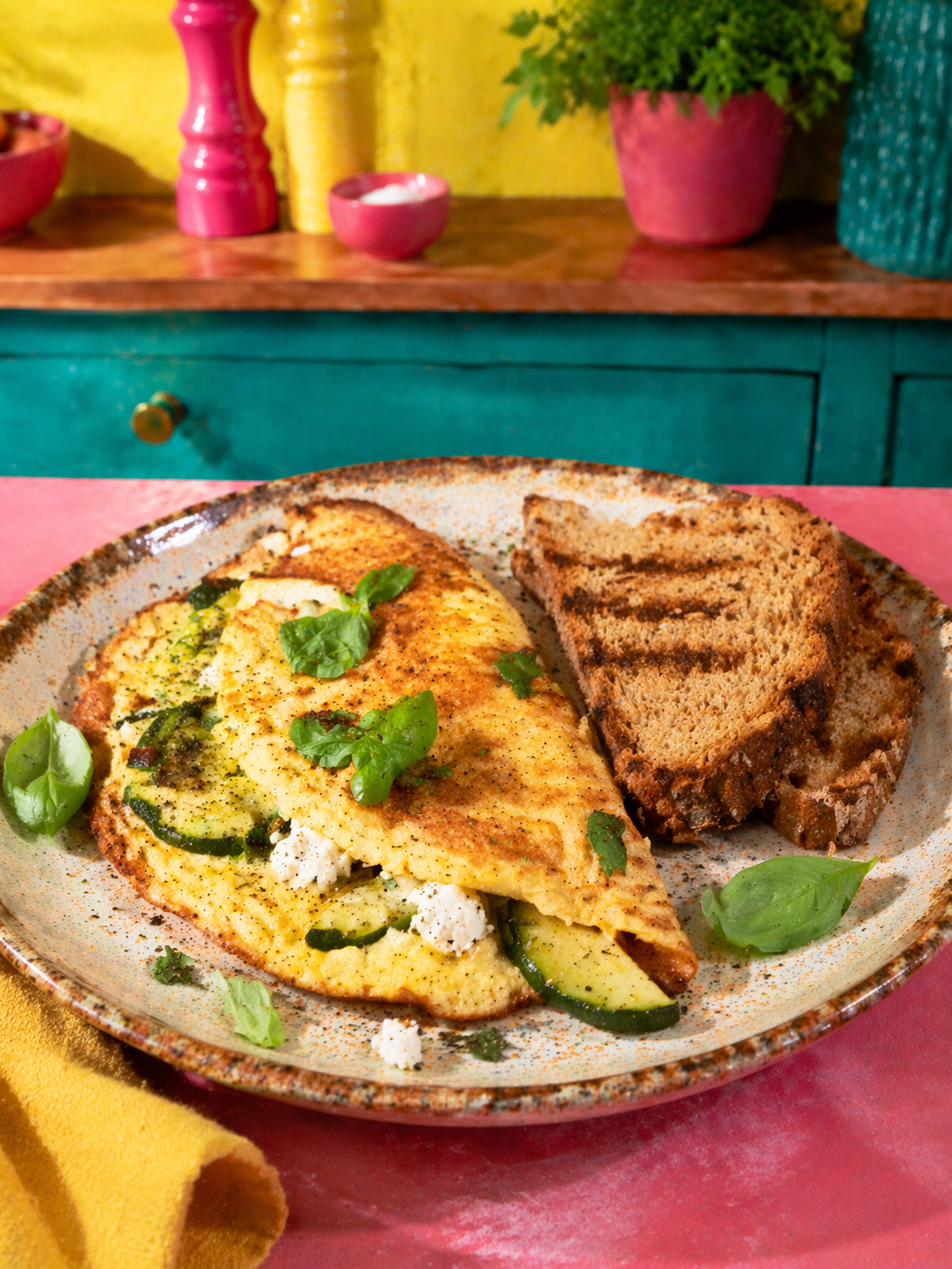 Omelette courgette, feta, basilic & pain complet grille