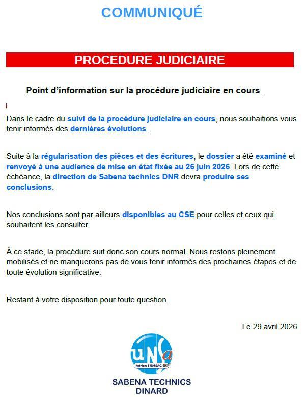 Point d’information sur la procédure judiciaire en cours 