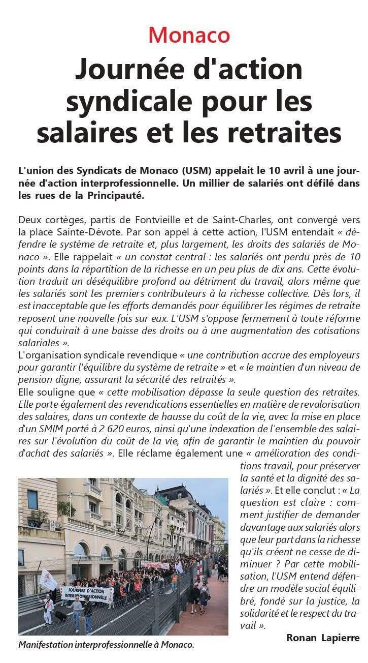 Monaco Journée d'action syndicale pour les salaires et les retraites