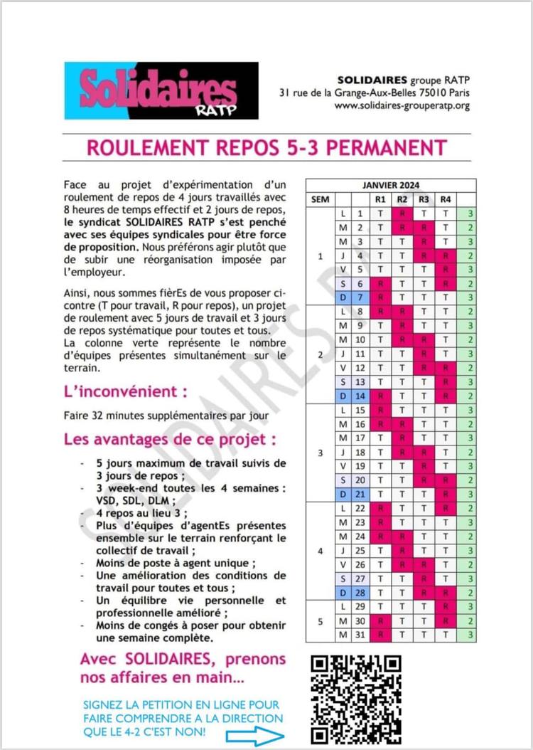 Solidaires RATP //  Pétition pour un roulement de repos 5-3 permanent