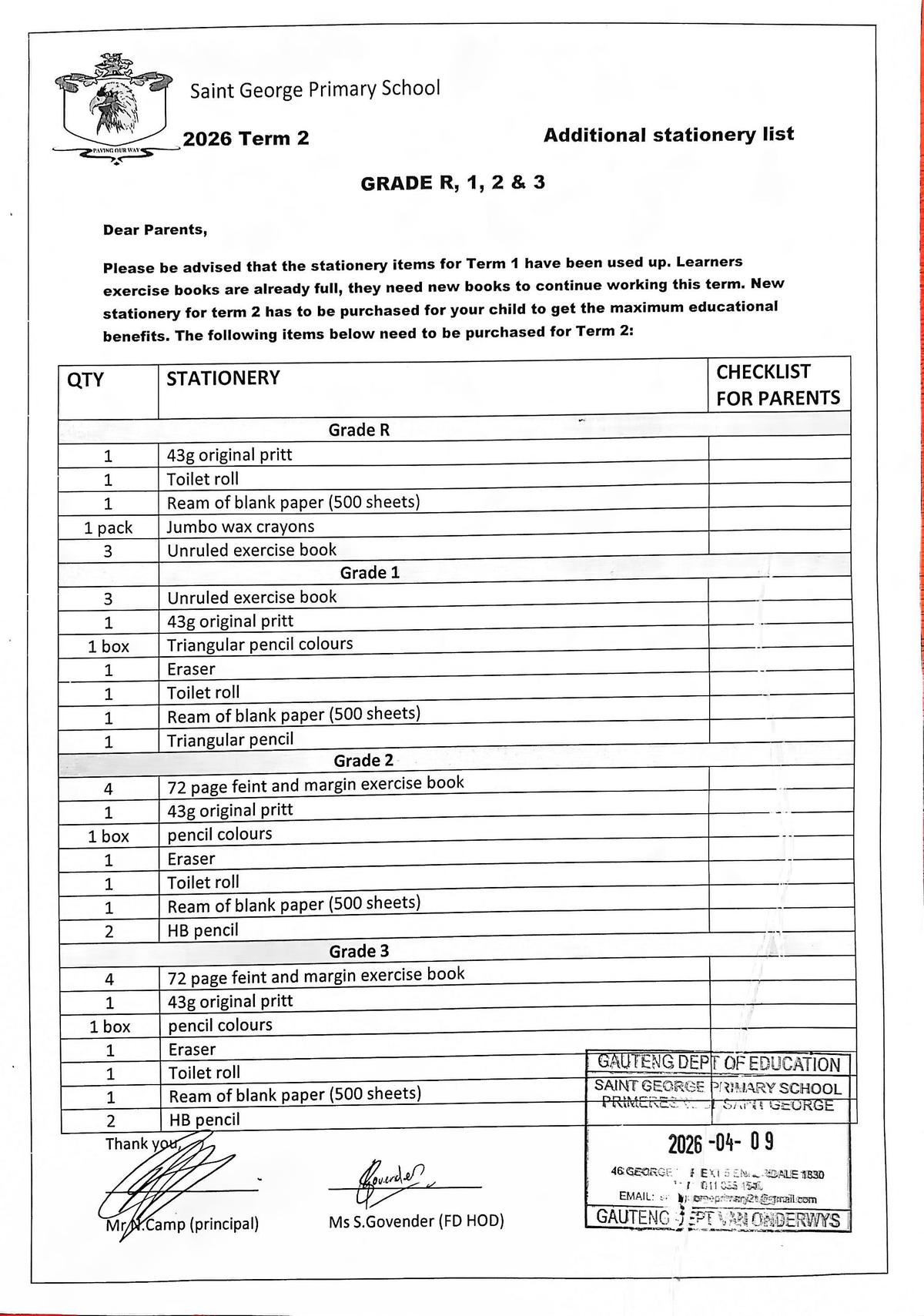 Grade R-3 Term 2 Top Up Stationery