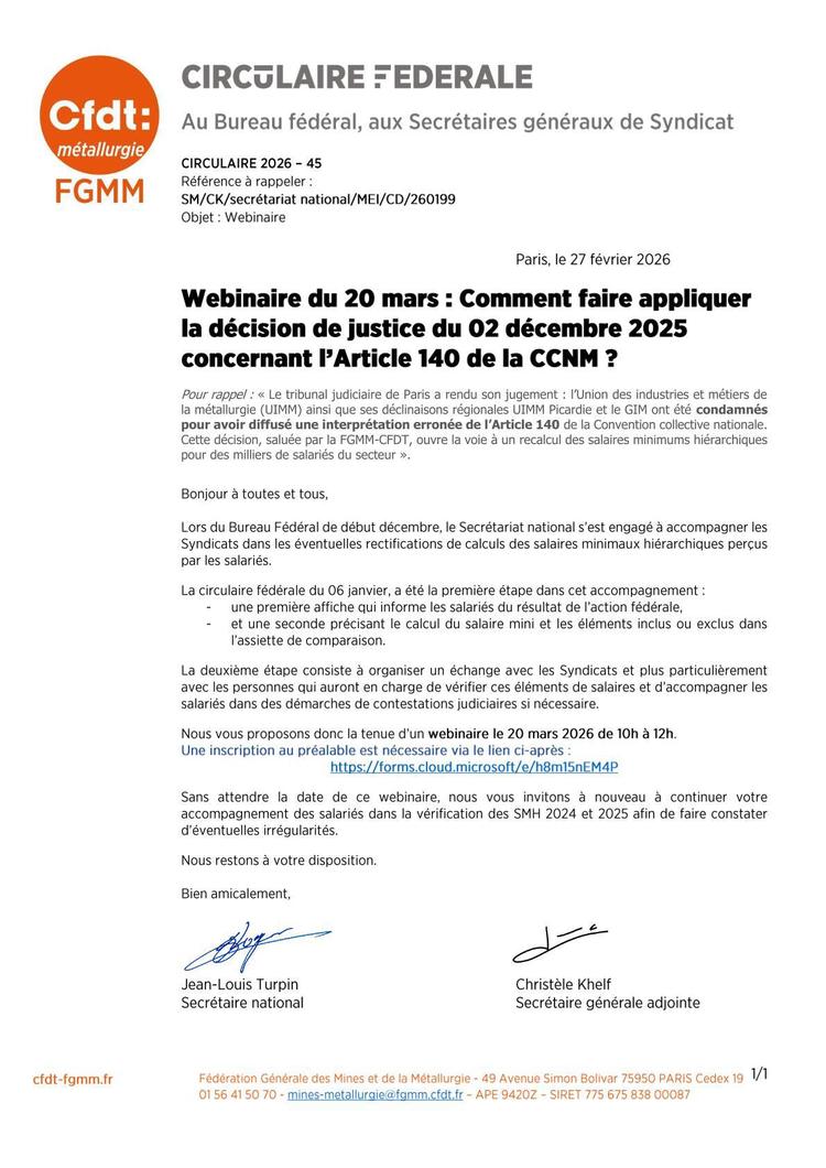 Webinaire du 20 mars 2026 : comment faire appliquer la décision de justice du 02 décembre 2025 concernant l'article 40 de la CCNM ?