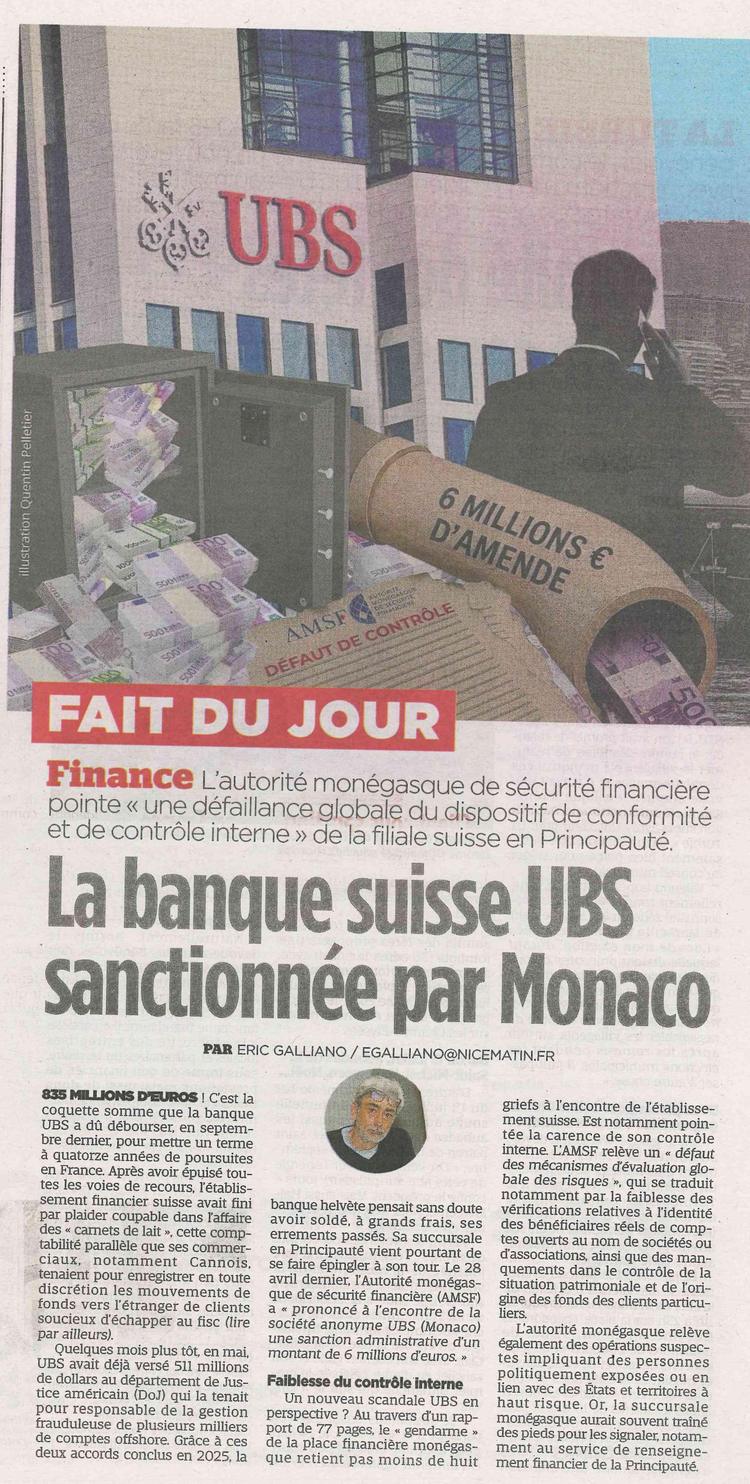 La banque suisse UBS sanctionnée par monaco 
