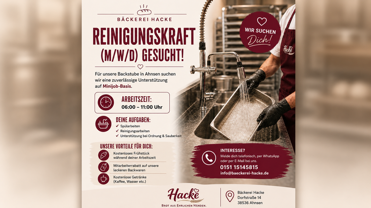 Bäckerei Hacke sucht Reinigungskraft (m/w/d)