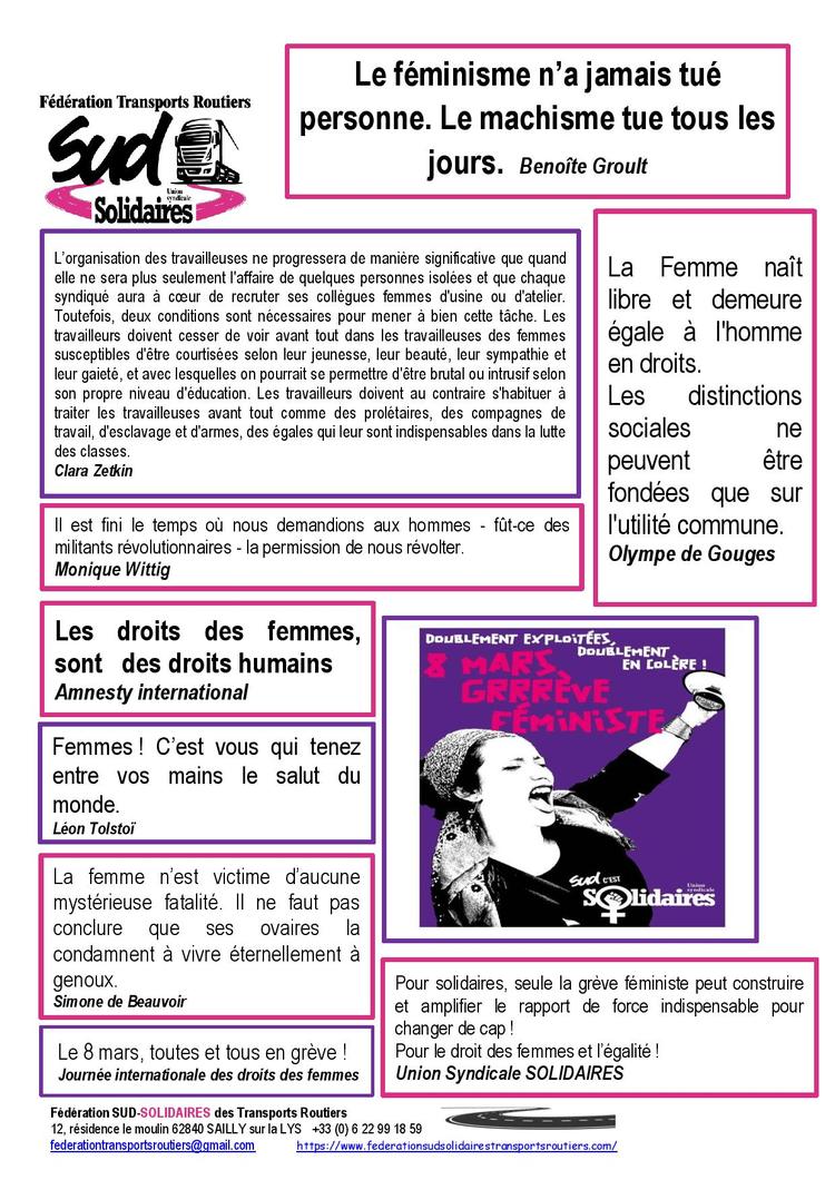 Fédération SUD Solidaires des transports routiers // Tract grève féministe du 8 mars