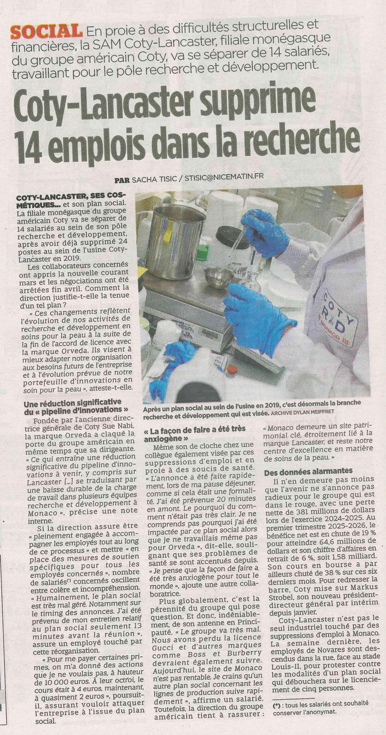 Coty - Lancaster supprime 14 emplois dans la recherche