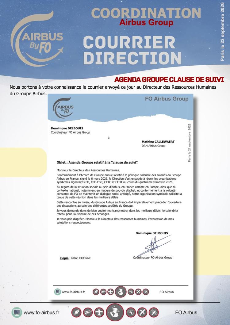 📝 Politique salariale / clause de suivi : FO adresse un courrier à la Direction d'Airbus
