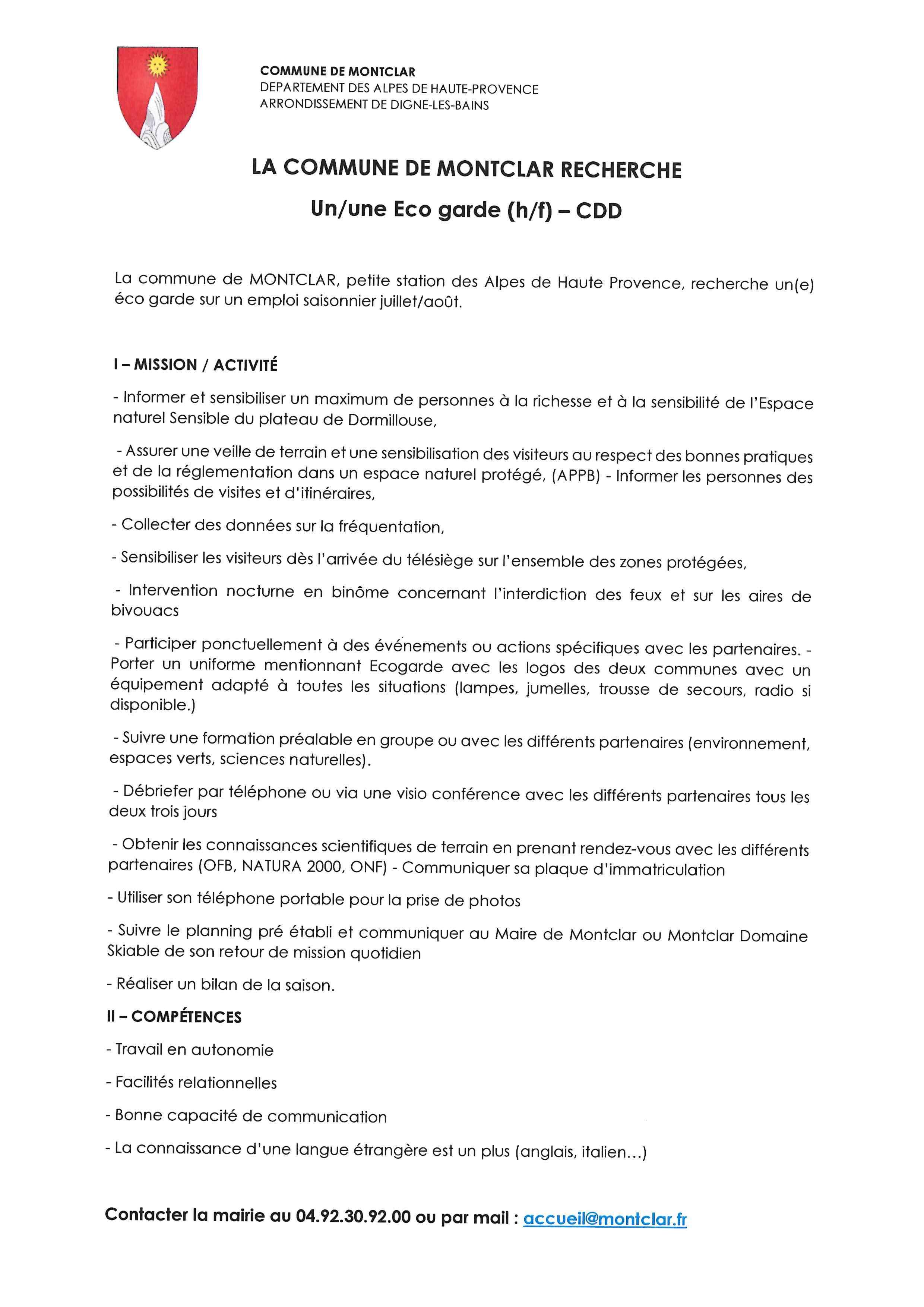 La commune de Montclar recherche un/une éco garde