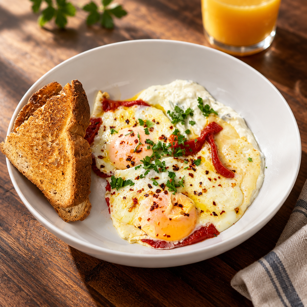 Mediterranean Chilli Eggs with Cucumber & Mint Yoghurt