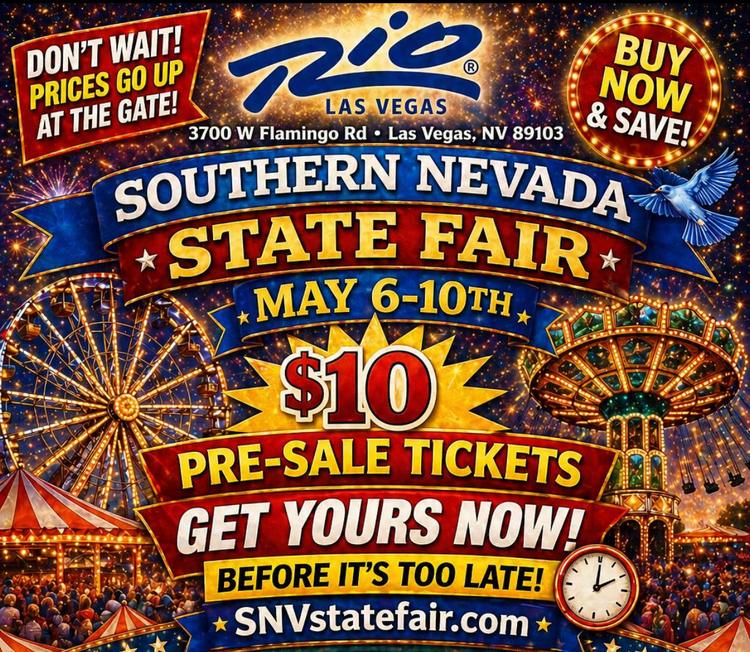 San Gennaro presents the Southern Nevada State Fair at the Rio, May 6–10! Lock in $10 pre-sale tickets now before prices go up at the gate. Rides, games, and classic fair food all week!