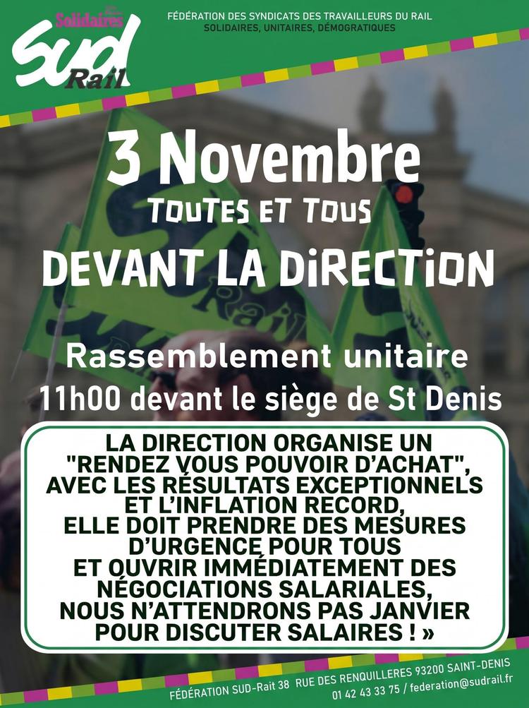 SUD-Rail // Pour nos salaires, tous et toutes le 3/11 devant la Direction