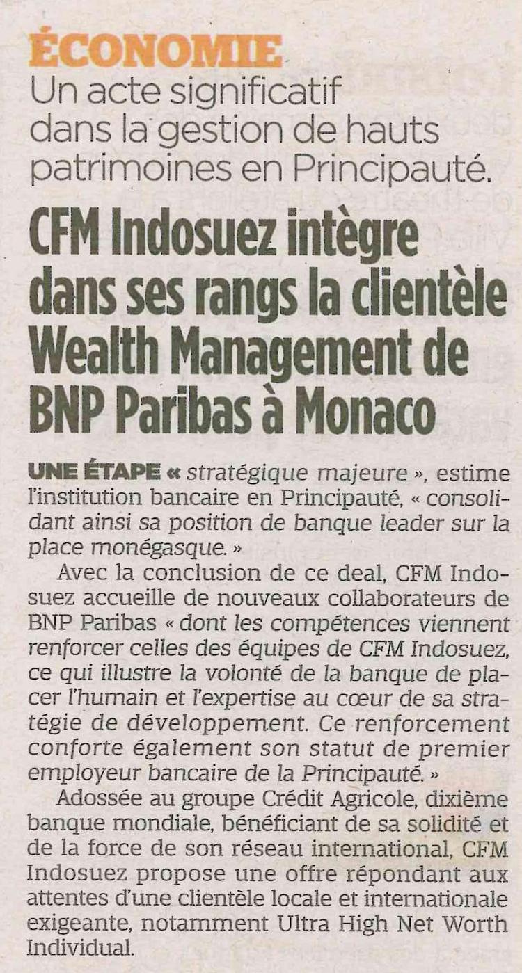 CFM Indosuez intègre dans ses rangs la clientèle Wealth Management de BNP Paribas à Monaco