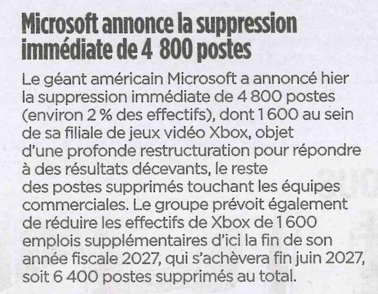 Microsoft annonce la suppression immédiate de 4800 postes 