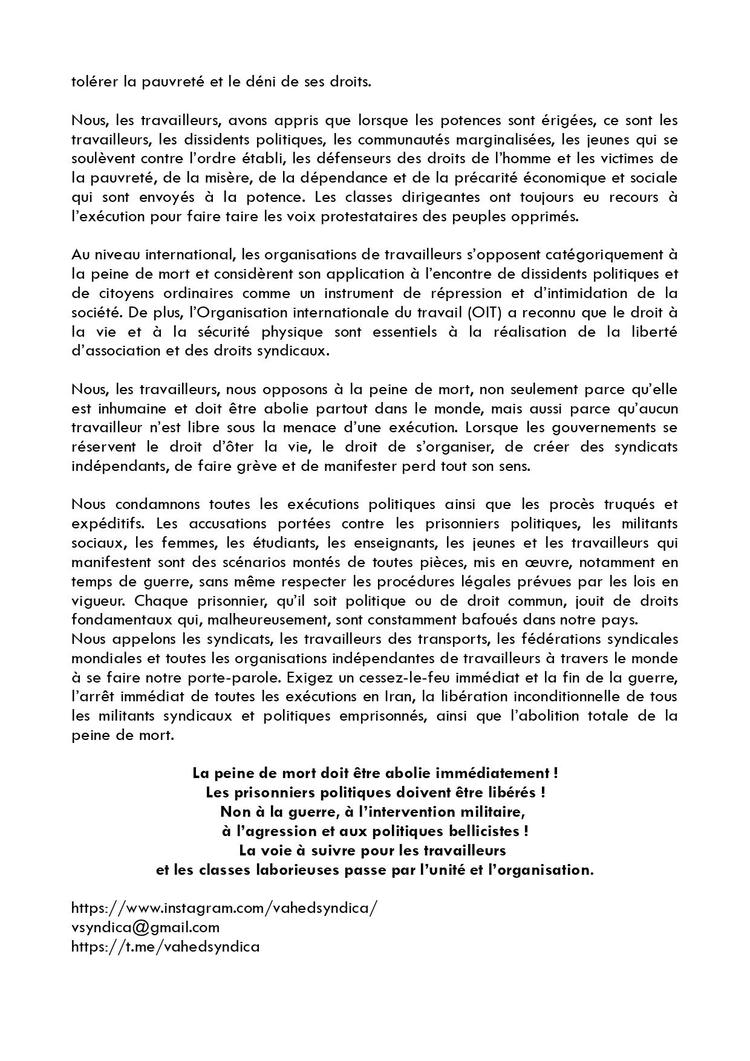Syndicat des travailleurs des bus de Téhéran // Halte aux exécutions !