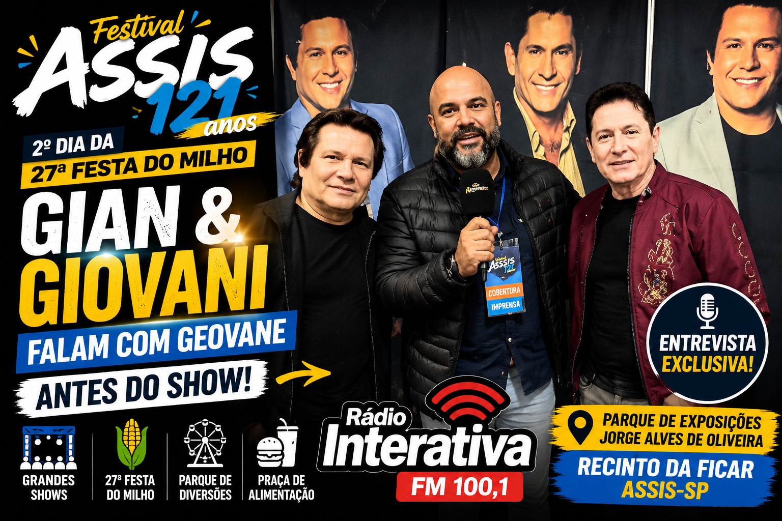 🎤🔥 A Interativa FM 100,1 encontrou Gian & Giovani nos bastidores da 27ª Festa do Milho de Assis!