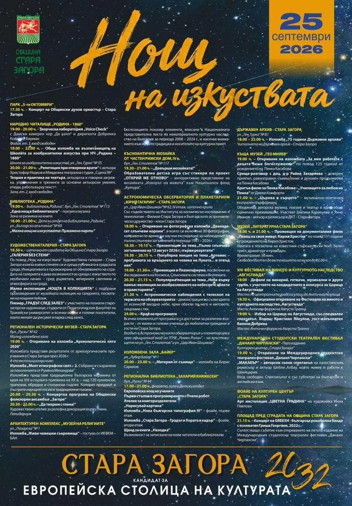 Тази вечер Стара Загора събира музика, театър, изкуство и наука в „Нощ на изкуствата“