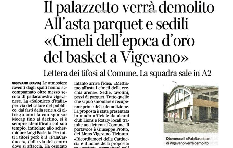 Corriere della Sera - Il palazzetto verrà demolito, all'asta parquet e sedili
