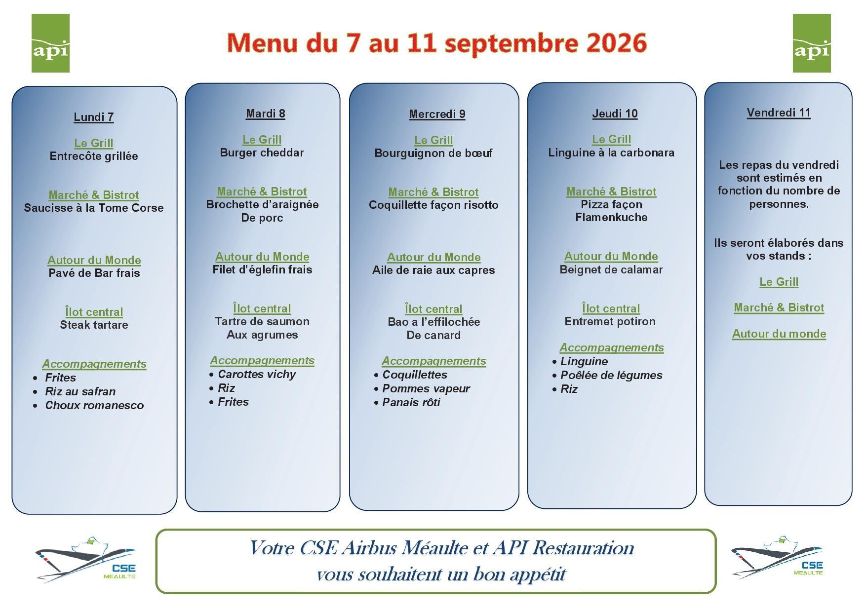 Menu du 7 au 11 septembre 2026