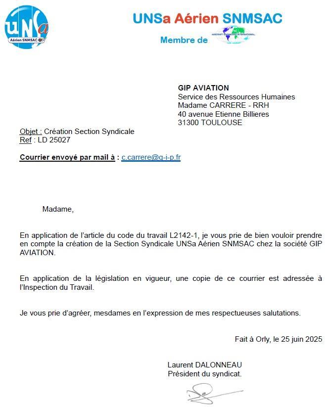 Courrier création Section Syndicale