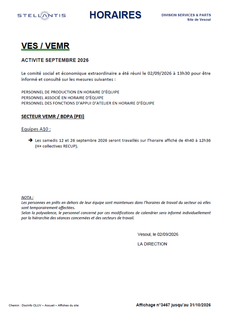 Horaires affichés septembre VEMR et VEWH