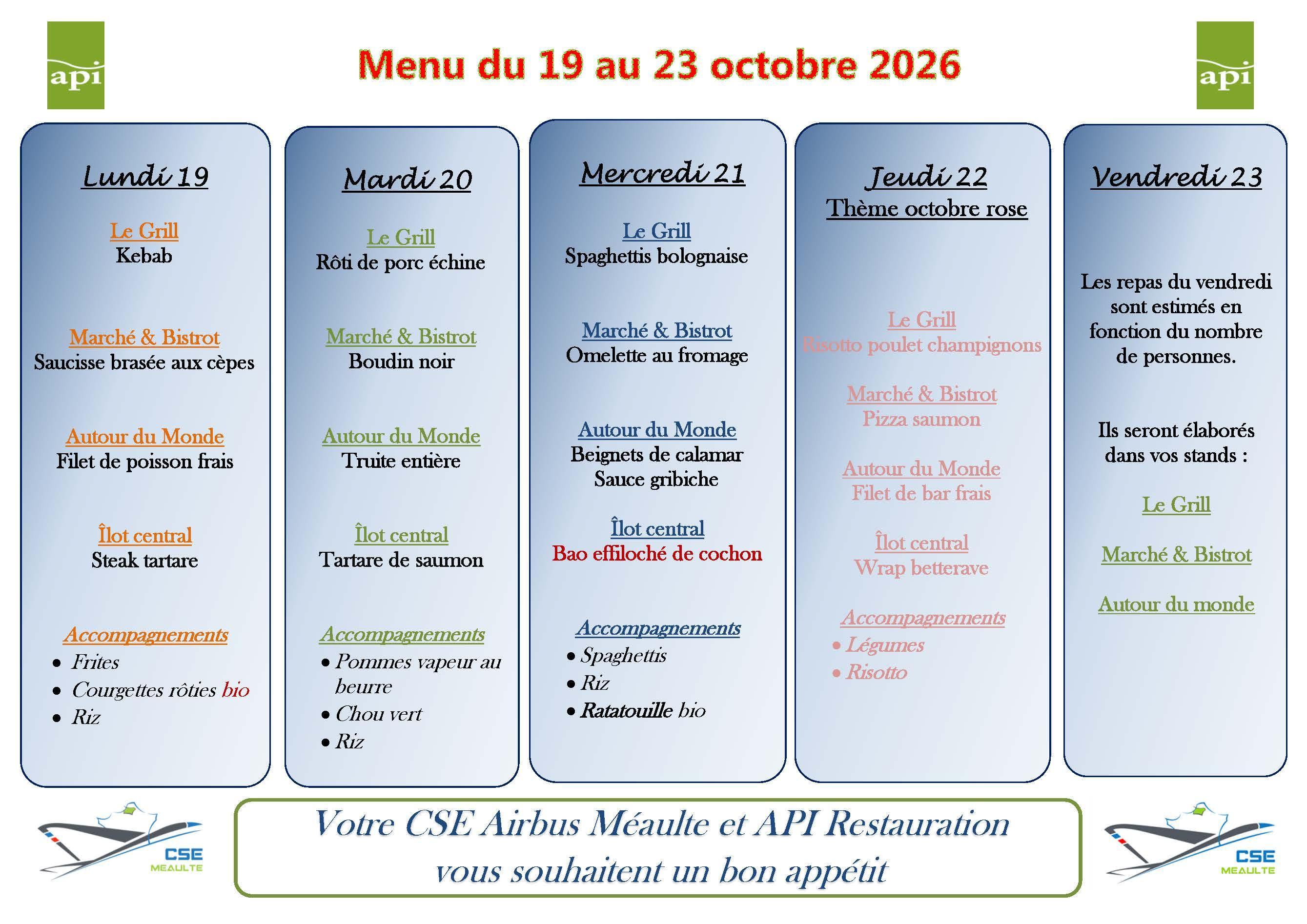 MENU de la semaine du 19 octobre