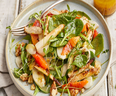 WEISSER SPARGEL-SALAT MIT ORANGEN + SPINAT