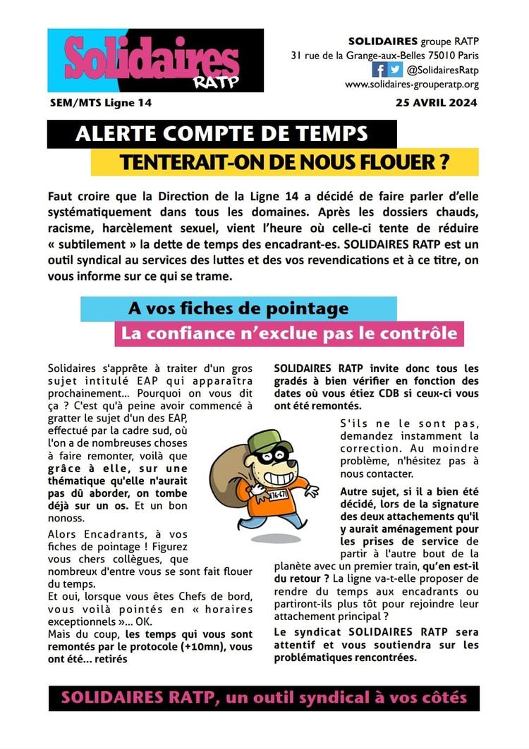 Solidaires RATP // Ligne 14 Alerte Compte de Temps, tenterait-on de nous flouer ?