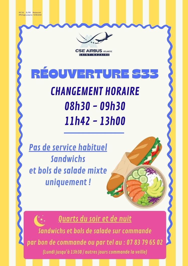 Info CSE sur la  Réouverture du restaurant d'entreprise en S33