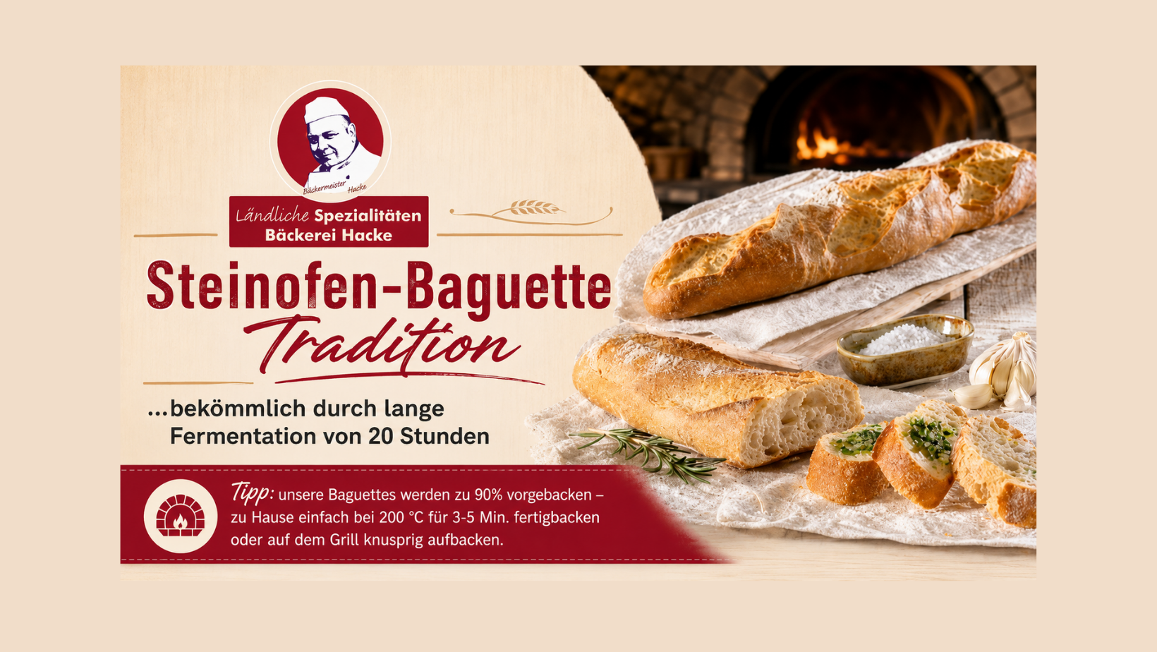 🥖🔥 Steinofen-Baguette Tradition der Bäckerei Hacke – knusprig, bekömmlich, handwerklich.