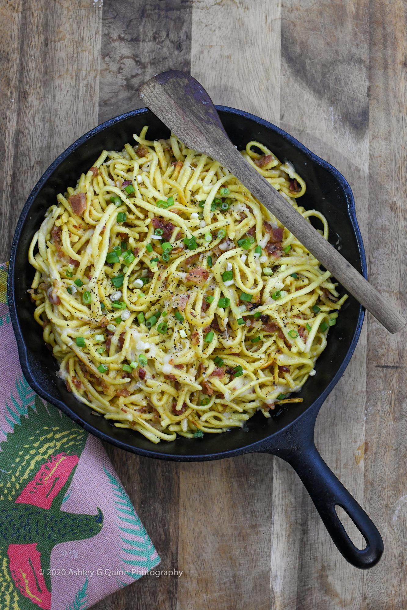 Noodles with Caramelized Onion, Bacon and Cheese