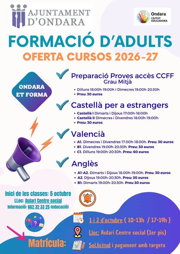 Ondara presenta la nova oferta de cursos de formació per a persones adultes per al curs 2026-2027