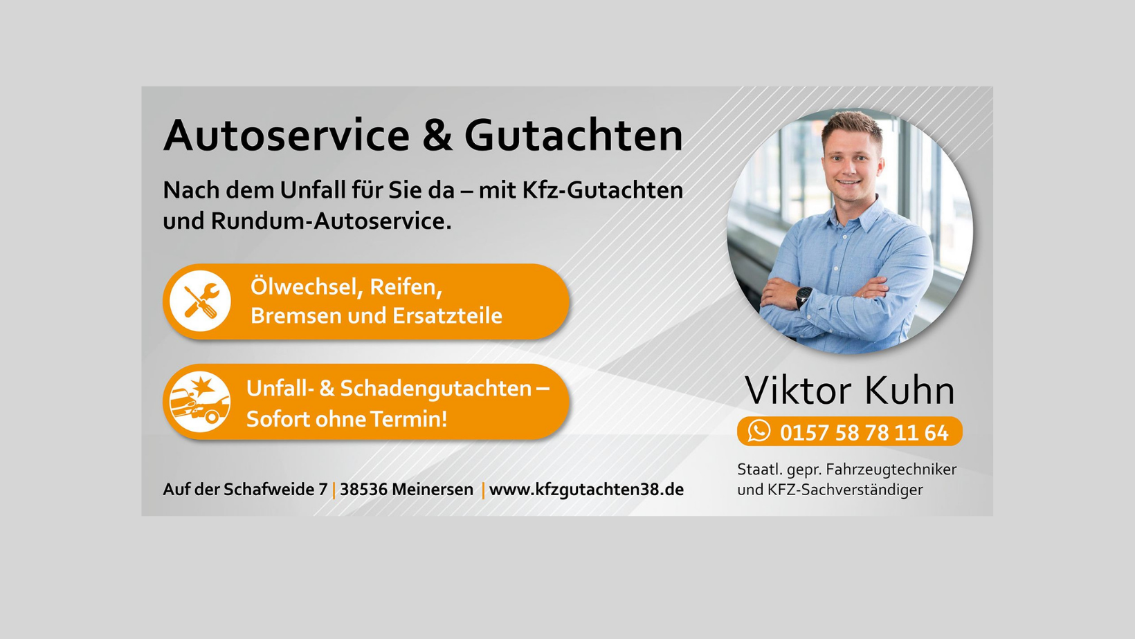 🚗💥 Nach einem Unfall zuverlässig an Ihrer Seite – mit professionellen KFZ-Gutachten und umfassendem Rundum-Autoservice. Viktor Kuhn Staatl. gepr. Fahrzeugtechniker und KFZ-Sachverständiger